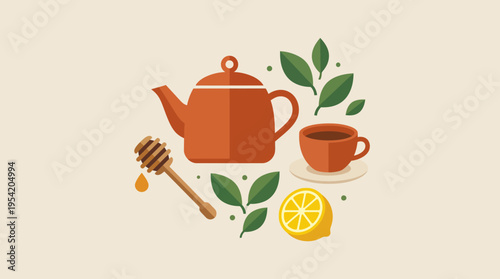 Brown teapot with tea cup.