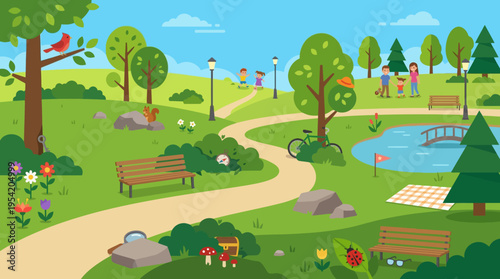 Colorful cartoon ducks in a pond.