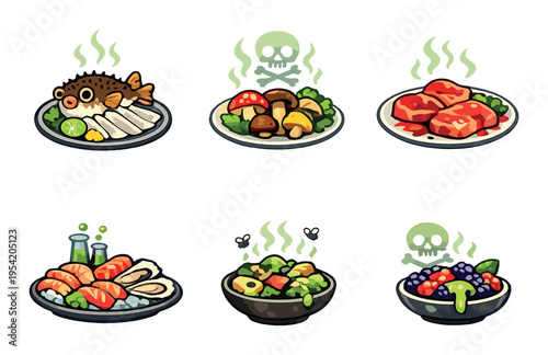 Assorted food dish icons showing fresh and spoiled plates on dark