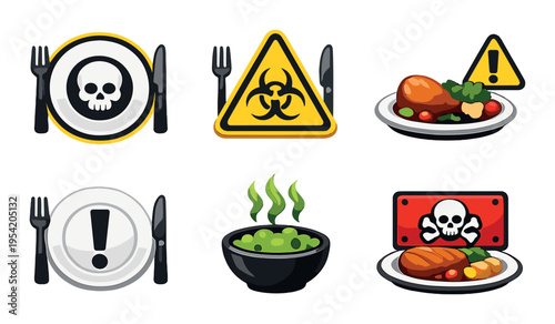 Food hazard warning icons showing contaminated meals on dark background