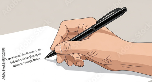 Hand holding a pen writing on a white sheet of paper.