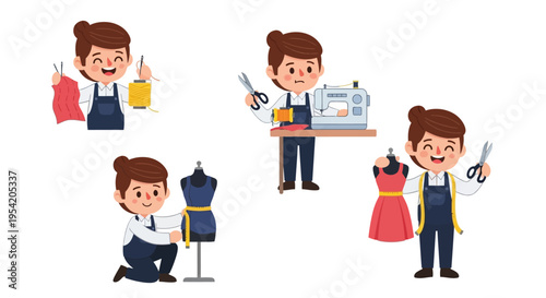 Tailor Character Set Sewing Workshop Cartoon Vector Illustrations Isolated on White Background