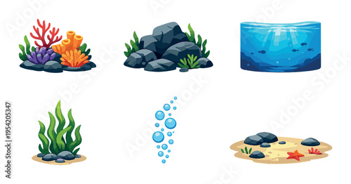 Underwater decoration elements arranged on dark gradient background