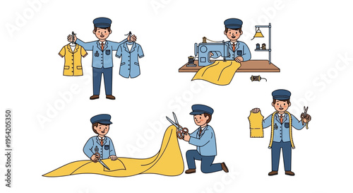 Tailor Character Set Sewing Workshop Cartoon Vector Illustrations Isolated on White Background