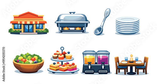Restaurant buffet and dining service icons showing food setup