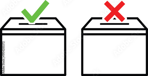Two ballot box icons with a green check mark for a valid vote and a red cross for an invalid vote Vector