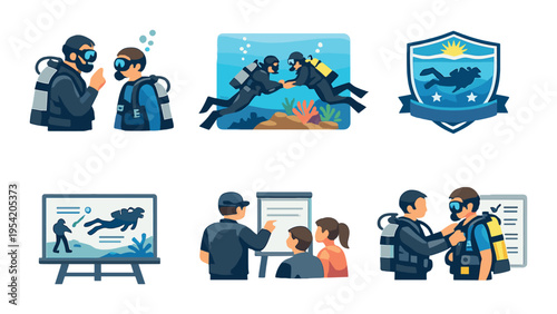 Scuba diving instruction and certification scenes in training