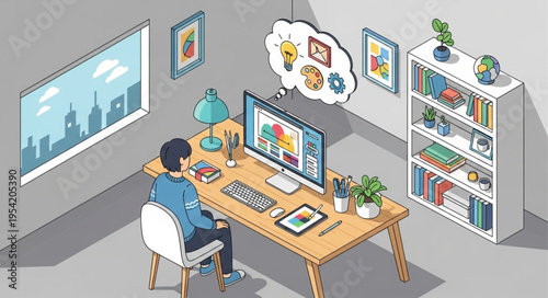 Person working at a desk with computer and various items.