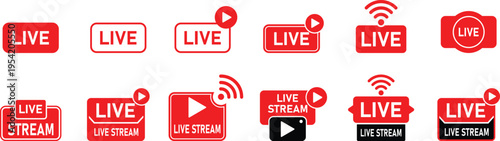 Collection of red and white live streaming and buttons broadcast online media