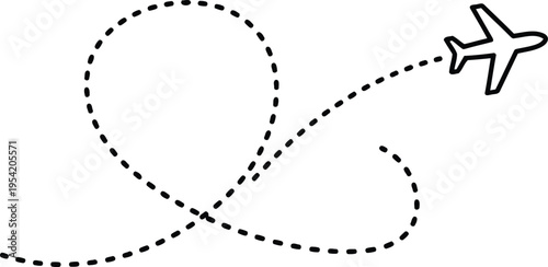 A simple black and white line art illustration of a small airplane following a looping flight path Vector