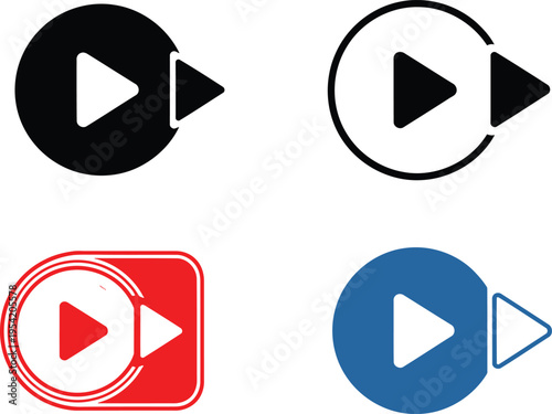 A collection of four distinct circular play button icon designs rendered in various color styles Vector