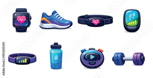 Fitness tracker smartwatch shoe and workout icons on dark panel