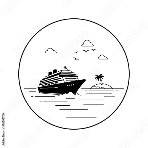Cruise Ship Sailing Towards Tropical Island in Calm Ocean with Birds and Clouds