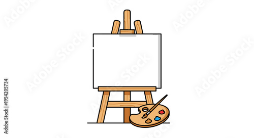 Blank canvas on wooden easel with colorful paints in minimalist line art for art education