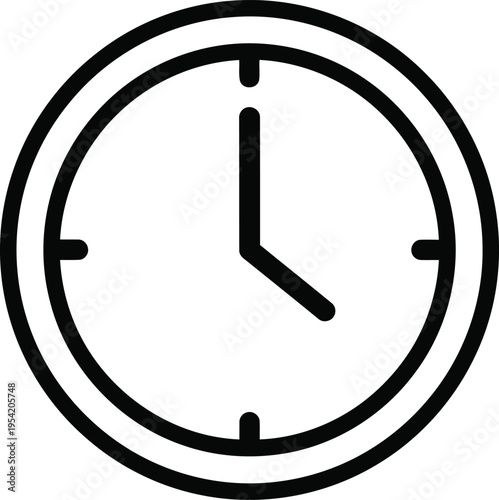 A minimalist black and white outline icon representing a simple analog clock showing the time Vector