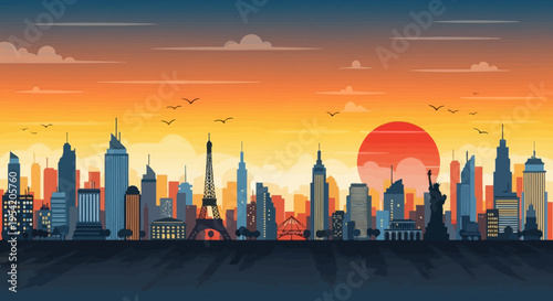 Cityscape Skyline at Sunset: Iconic Landmarks, Modern Architecture, and Vibrant Sky