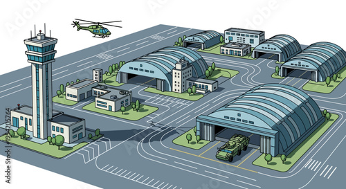 Airport Hangar Complex with Control Tower and Helicopter