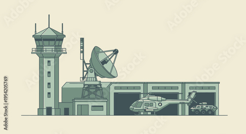 Military Air Traffic Control Tower, Hangar, Helicopter, and Armored Vehicle