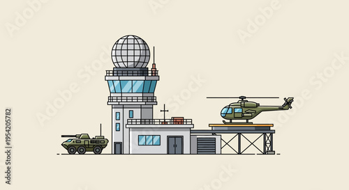 Military Air Traffic Control Tower with Helicopter and Tank