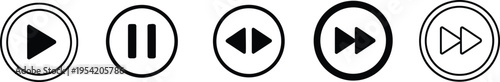 A set of five circular media player control icons including play, pause, rewind and fast forward Vector