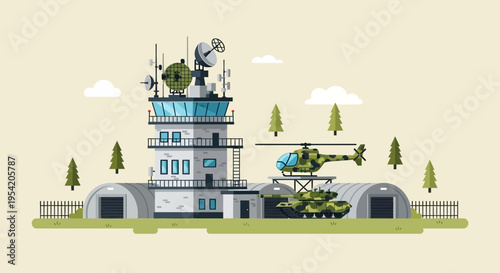 Military Air Traffic Control Tower with Helicopter and Tank at Airbase