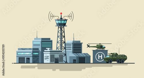 Military Air Traffic Control Tower and Base with Helicopter and Armored Vehicle