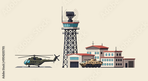 Military air traffic control tower with helicopter, tank, and buildings