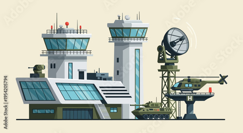 Military Air Traffic Control Tower with Radar, Helicopter, and Tank