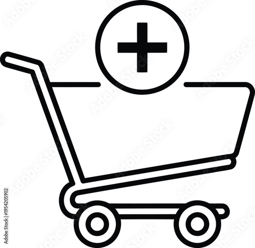 A black and white line art icon representing a shopping cart with a plus symbol for adding items Vector