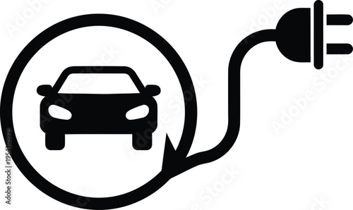 A minimalist black and white icon depicting an electric vehicle connected to a power plug symbol Vector