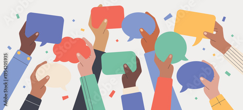 Colorful illustration of diverse hands holding speech bubbles representing communication dialogue community voices social interaction multicultural teamwork concept vibrant flat vector style