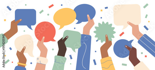 Colorful illustration of diverse hands holding speech bubbles representing communication dialogue community voices social interaction multicultural teamwork concept vibrant flat vector style