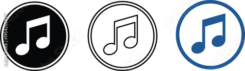 A set of three distinct circular music note icons displayed in solid black outline and blue style Vector