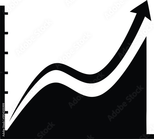 A black and white icon showing a line graph with an arrow pointing upward to represent growth Vector