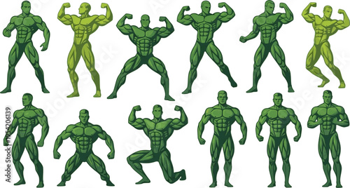 Collection of Stylized Green Muscular Body Silhouettes
