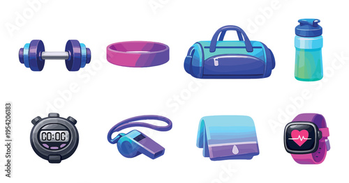 Gym equipment and accessories arranged on dark backdrop