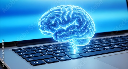 3D glowing human brain on laptop keyboard symbolizing artificial intelligence and digital thinking