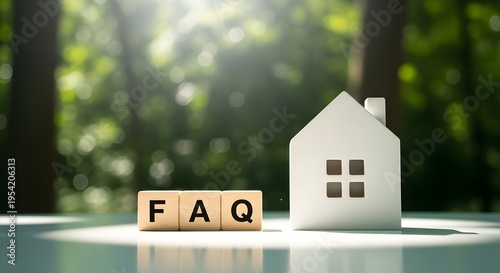 Minimalist FAQ wooden block with white house model on reflective surface in soft natural light