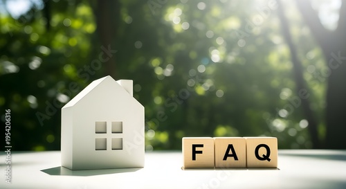 Minimalist white house model with FAQ wooden blocks on wooden surface in soft sunlight