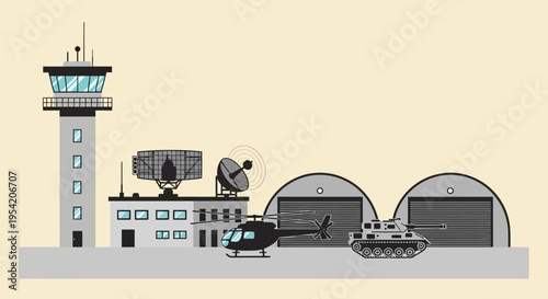 Military air traffic control tower, radar, helicopter, tank, and hangars on a base