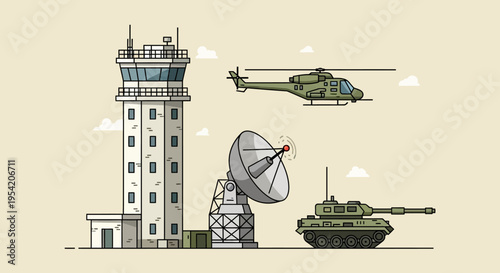 Military Air Traffic Control Tower, Radar, Helicopter, and Tank Illustration