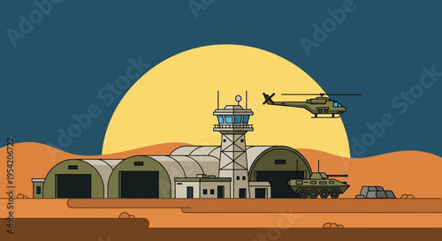 Military Airbase Desert Scene with Helicopter, Tank, and Control Tower at Sunset