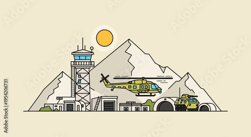 Military airbase in mountains with helicopter, tank, and control tower