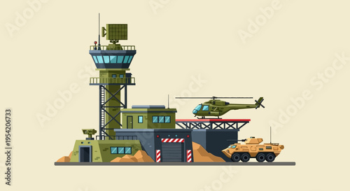 Military Airbase Radar Tower with Helicopter and Armored Vehicle