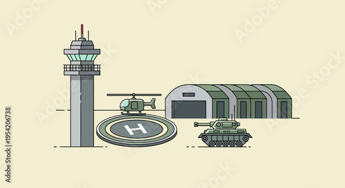 Military Airbase Scene: Control Tower, Helicopter, Hangar, and Tank