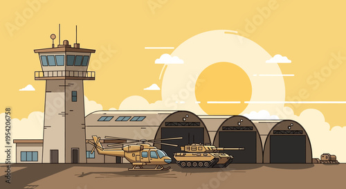 Military Airbase Scene: Helicopter, Tank, Control Tower, and Hangars at Sunset