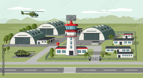 Military Airbase with Control Tower, Hangars, Helicopter, and Tank