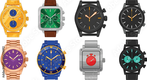 Premium Luxury Watch Vector Collection Featuring Chronograph Designs, Gold Wristwatches, Diver Style Timepieces, and Stopwatch Icons for Fashion Branding and Business Lifestyle Graphics
