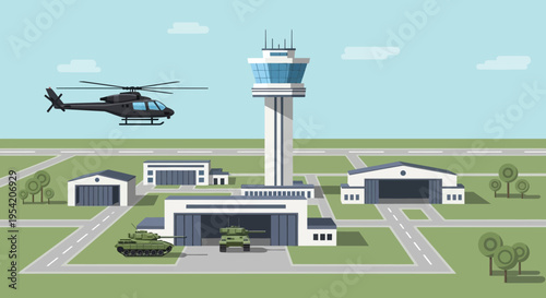 Military Airbase with Helicopter, Tanks, Hangar, and Control Tower