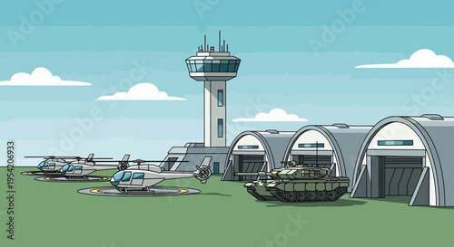 Military Airbase with Helicopters, Tank, and Control Tower